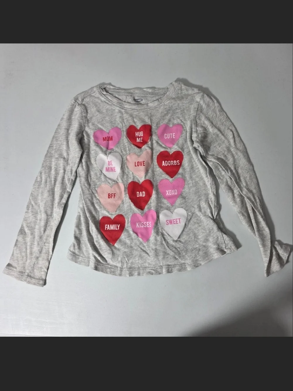 Old Navy Gray Long-Sleeve Tee with Pink & Red Heart Graphics